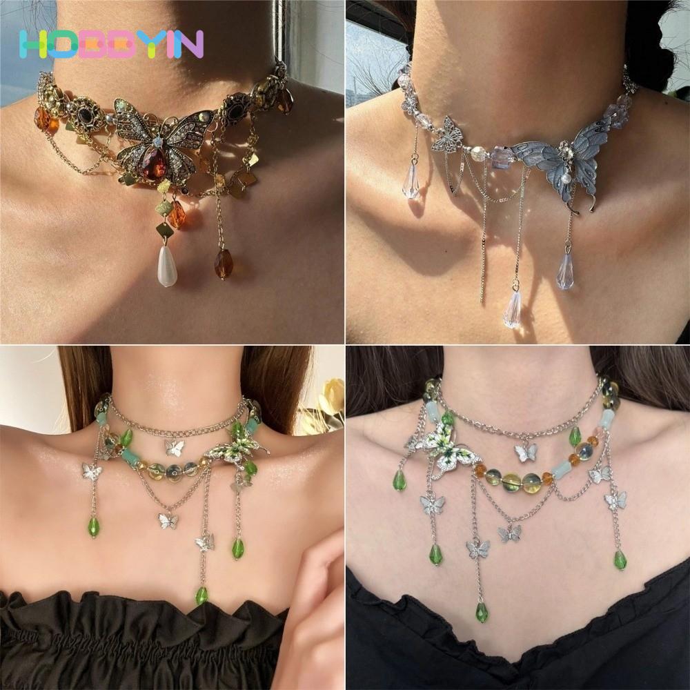 Vòng cổ bướm Hobbyin với giọt nước kim cương giả tua rua, phù hợp làm trang sức cho tiệc gothic hoặc đám cưới