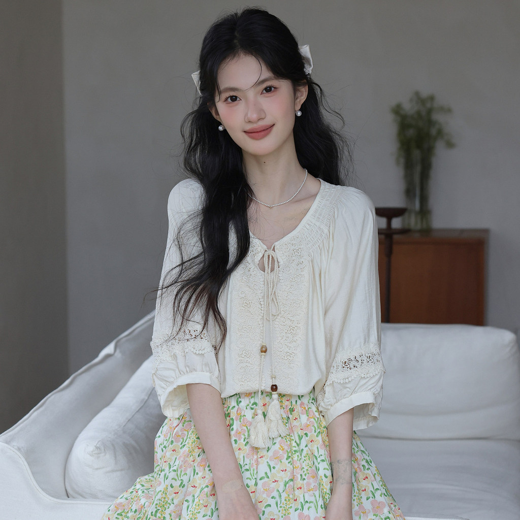 Mutu Áo Sơ Mi Retro Nghệ Thuật Ren Khâu, Phong Cách Mùa Hè, Thiết Kế Niche Top