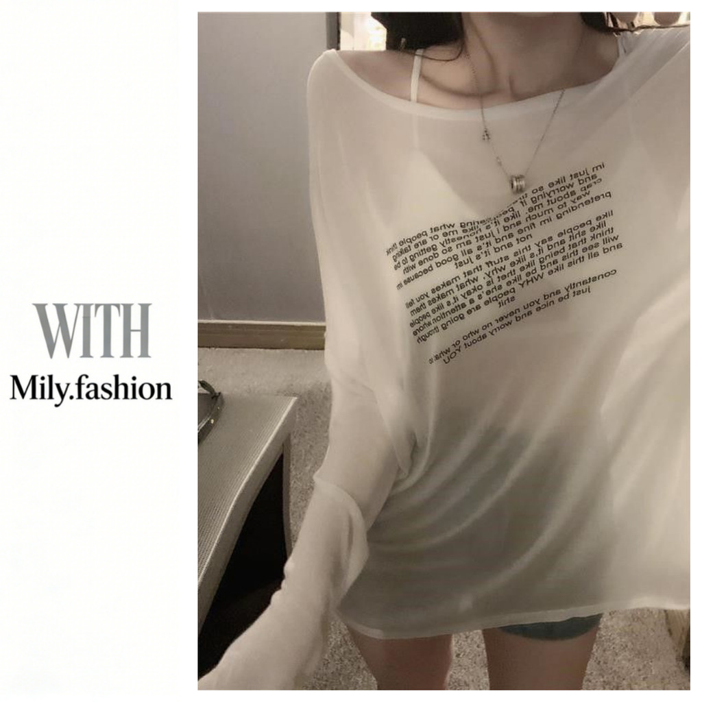 Milyfashion Mỏng Rời Gợi Cảm Nhìn Xuyên Qua Áo Sơ Mi Chống Nắng Top Mặt Trước In Hình Mặt Sau Áo Thun Dài Tay