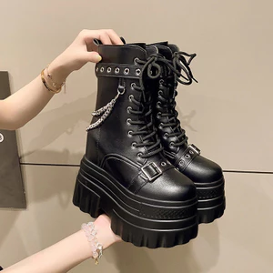 Giày Martin nữ gót cao 14cm, bốt ngắn đế dày, phong cách Punk tăng chiều cao, cosplay/triển lãm