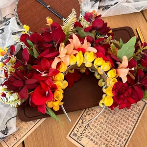 Kẹp Tóc Hoa Màu Đỏ Vòng Hoa Đầu Cưới Phụ Kiện Tóc Hanfu Cô Dâu Du Lịch Chụp Ảnh Ảnh Hàng Ngày Đầu Ảnh