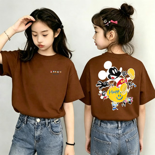 [Giao hàng trong vòng 24 giờ] Áo thun cổ tròn in hình chuột Mickey, kiểu dáng đa năng, phù hợp cho bé gái từ 1-12 tuổi.