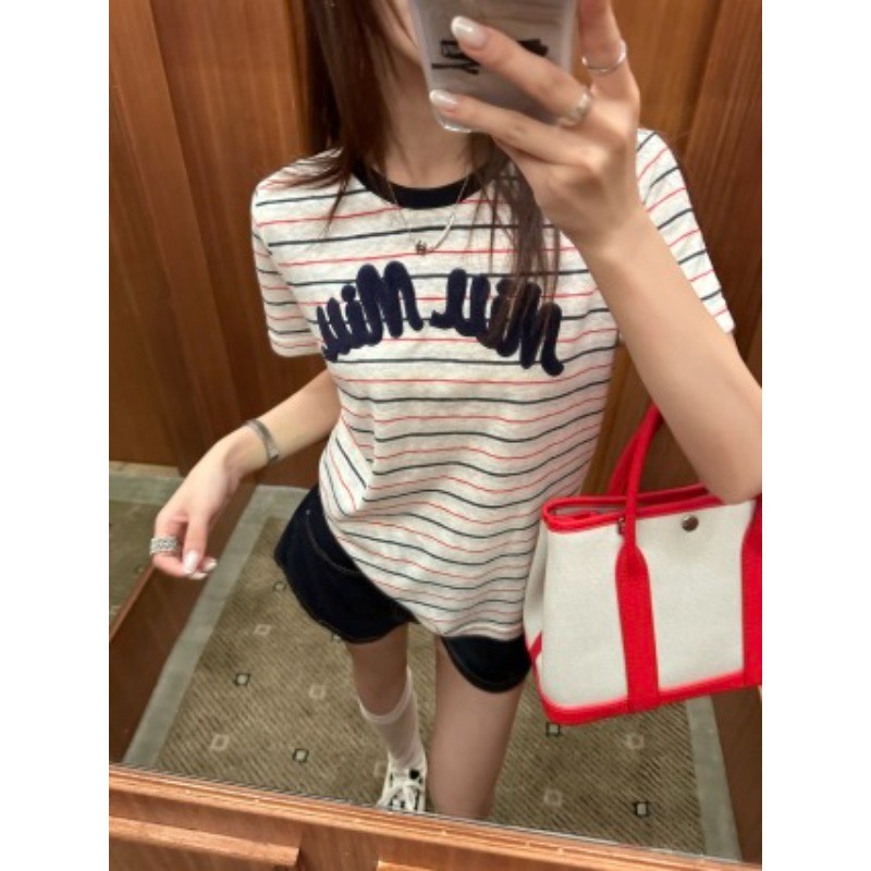 Áo thun Cotton sọc cổ tròn ngắn tay mới dành cho nữ