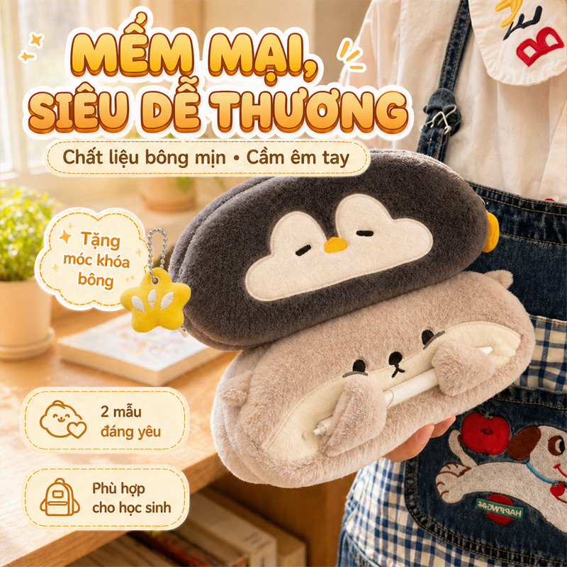 Túi Đựng Bút Hình Otter Penguin Sang Trọng - Hộp Bút Vải Mềm, Dung Tích Lớn, Quà Tặng Trở Lại Trường