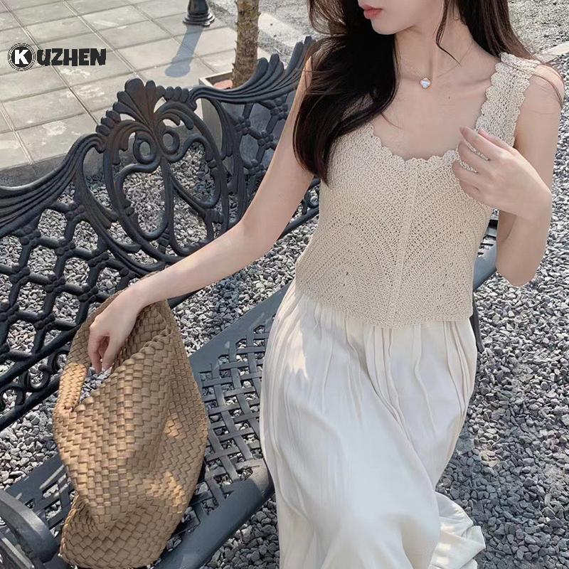 KUZHEN Mùa Hè Vintage Rỗng Ra Dệt Kim Tank Top Nữ Màu Trơn Không Tay Crop Top HOT