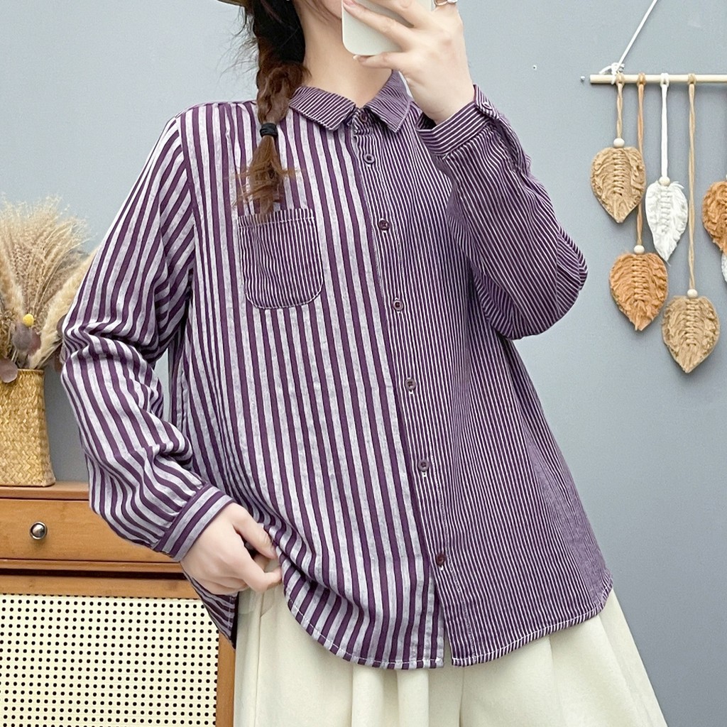 [Sẵn sàng] Áo sơ mi nữ cotton cao cấp, tay dài, phong cách retro, vải cotton nhuộm sợi mềm mại, thân thiện với da