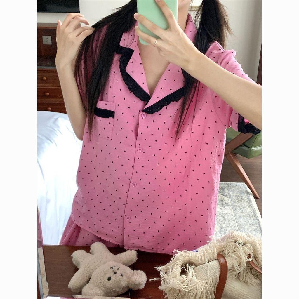 [Hàng mới về] Bộ đồ ngủ cỡ lớn rộng 40-80kg Chấm bi phong cách ren Quần ngắn tay có ve áo Loungewear Suit