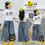 Bé Gái Denim Quần Ống Rộng Mùa Hè 2026 Phong Cách Mới Trẻ Em Hoạt Hình Mèo In Mắt Cá Chân Quần