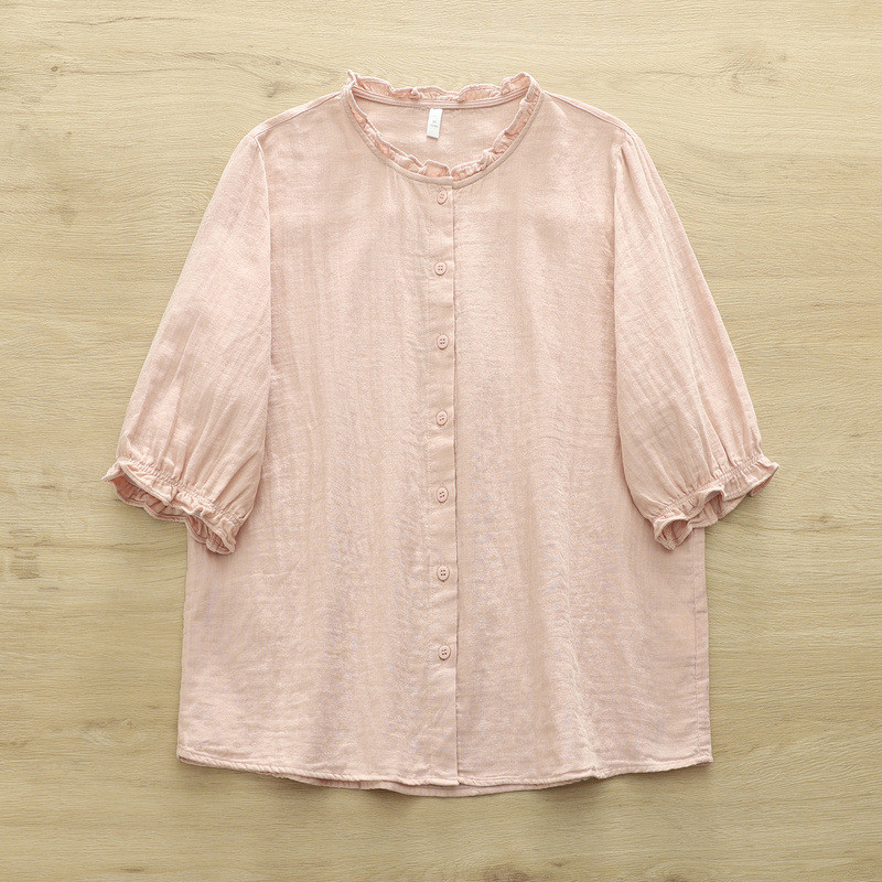 Áo sơ mi nữ cotton cao cấp cổ đứng ren tay ngắn màu trơn