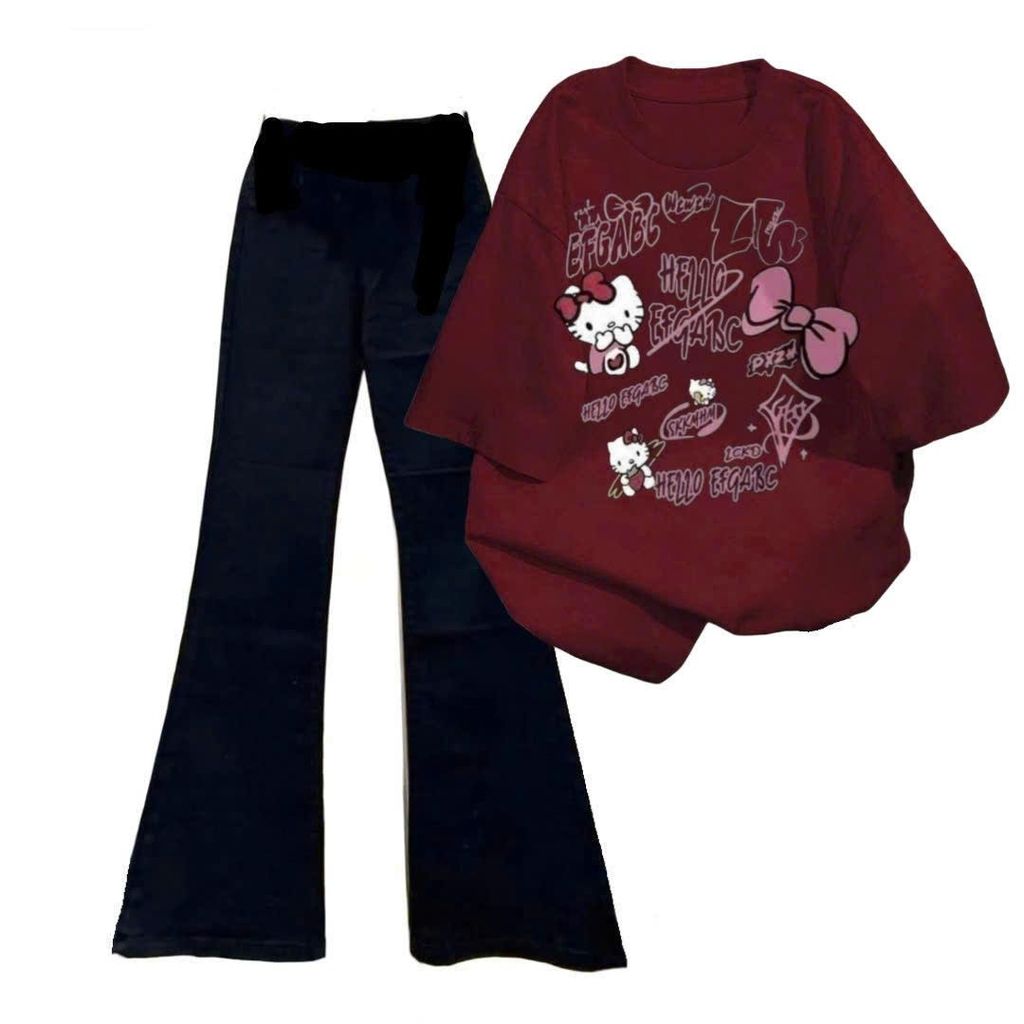 [ MỞ BÁN GIẢM 60% ] Bộ quần ống loe dài + và áo phông unisex hình mèo CUTEE -thoitrangthubio