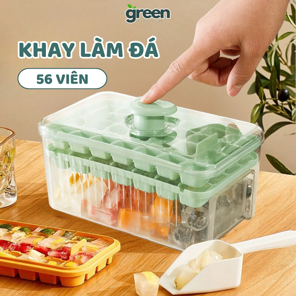 Hộp Làm Đá Viên Thông Minh Nhấn Nút Tự Rơi, Khay Làm Đá Silicon 2 Tầng 56 Viên Kèm Xẻng Đựng Đá