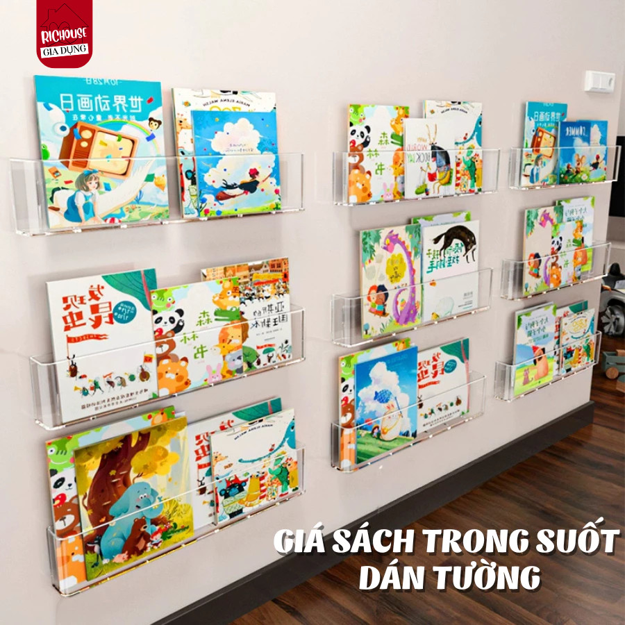 Kệ Để Sách HomeMate Trong Suốt Dán Tường, Giá Đựng Truyện Cho Bé Nhựa Acrylic Tối Giản