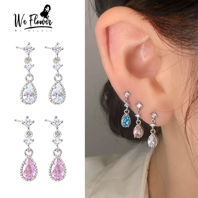 WeFlower Hàn Quốc s925 Bạc Sáng Hồng Pha Lê Giọt Nước Bông Tai Nữ Bé Gái Dangling Kim Cương Giả Tai Thả Trang Sức