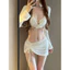 Bikini Nữ 3 Mảnh Màu Trắng Phối Charm Lấp Lánh Kèm Áo Khoác Lưới Và Váy Rút Dây Quyến Rũ Đi Biển Hồ Bơi Sang Chảnh