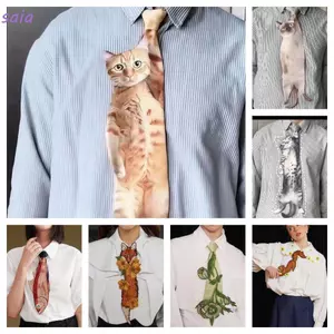 Dây buộc cổ nam hình cá SAIA, họa tiết mèo con từ vải satin, phù hợp cho đám cưới và bữa tiệc