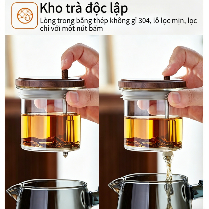 Ấm Trà Thủy Tinh Có Nút Ấn – Tách Nước & Bã Trà, Lọc Inox, Chịu Nhiệt, Pha Trà Gia Dụng Tiện Lợi, Đẹp & Dễ Dùng