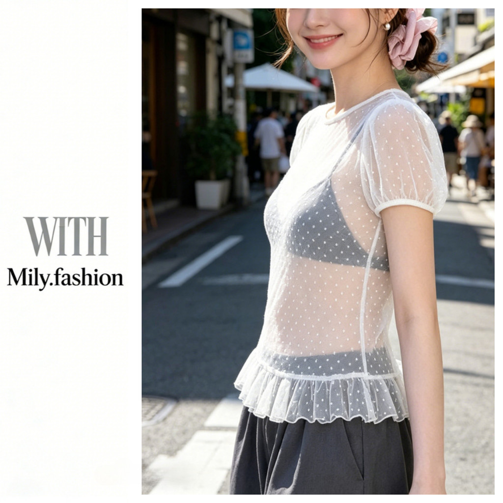 Milyfashion Áo Thun Mùa Hè Cổ Tròn Họa Tiết Chấm Bi, Tay Phồng