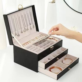 Hộp đựng đồ trang sức 3 tầng bằng da PU Hộp đựng ngăn kéo Ngăn ẩn Có thể khóa Lưu trữ du lịch