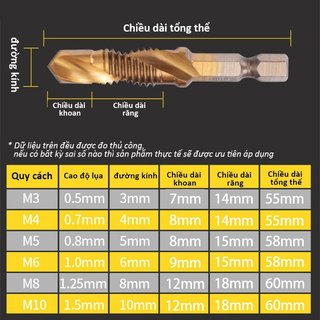 HSS Titan Tập Mũi Khoan Bộ Lục Giác 6 Chiếc M3 M10 Ren Cắt Chamfer DIY Kim Loại