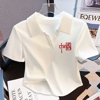Cotton Trắng Polo Ve Áo Slim-fit Ren Ngắn Tay Nữ Mùa Hè Phong Cách Pháp Cổ Chữ V Ngắn Phù Hợp Với Top e