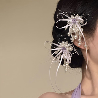 1 Chiếc Mới Phong Cách Trung Hoa Siêu Cổ Tích Nhẹ Nhàng Nữ Phong Cách Hồng Nơ Tóc Ngọc Trai Tua Rua Bên Kẹp