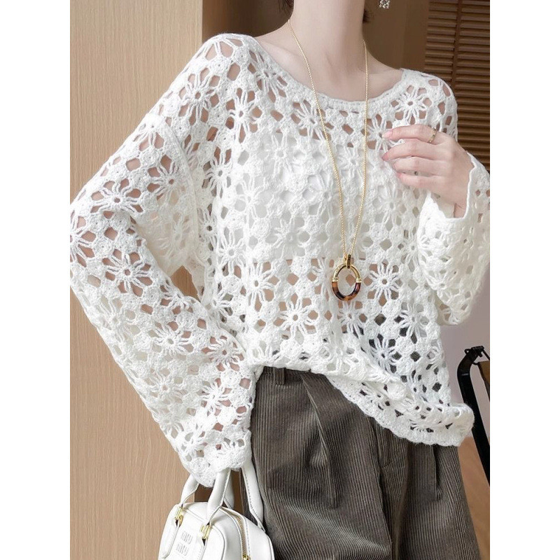 Mới Phong Cách Trung Hoa Móc Cutout Dệt Kim Nữ Phong Cách Lười Đi Làm Áo