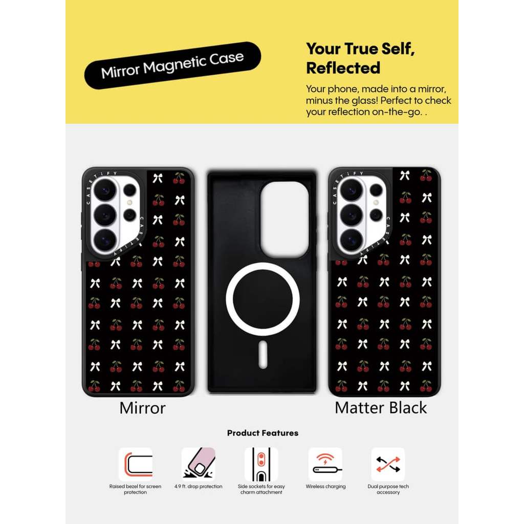 CASECASE X Cherry Bow Case Matte Black Từ Hút Ốp Lưng Samsung Galaxy S26 Ultra S25 S24 S23 Ultra Plus Mặt Sau Cứng Có Hộp Khắc logov
