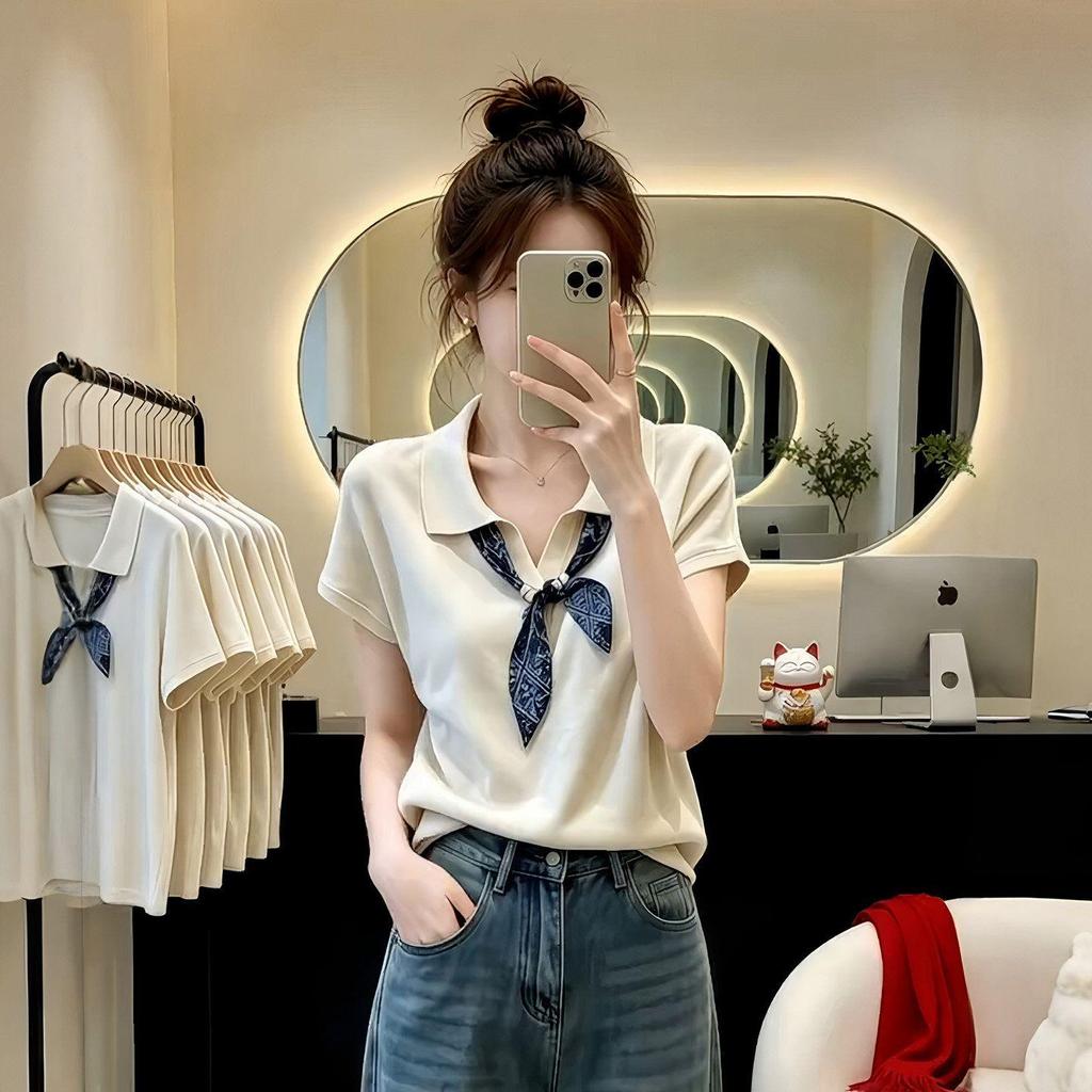 [Seckill trong thời gian có hạn] Phong cách tiền cũ phong cách Hàn Quốc cỡ lớn với khăn lụa Áo len ngắn tay mỏng dành cho nữ
