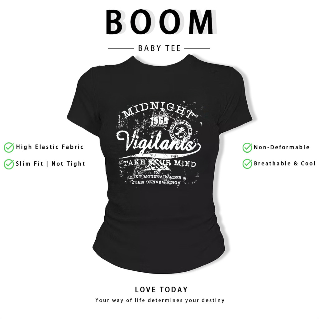 BOOM Áo Baby Tee Nữ Cotton Ôm Body-Áo Thun Ngắn Tay Y2K In Hình PhongCách Mùa Hè, Cổ Tròn Hàng Đầucách hàn quốc phongV38