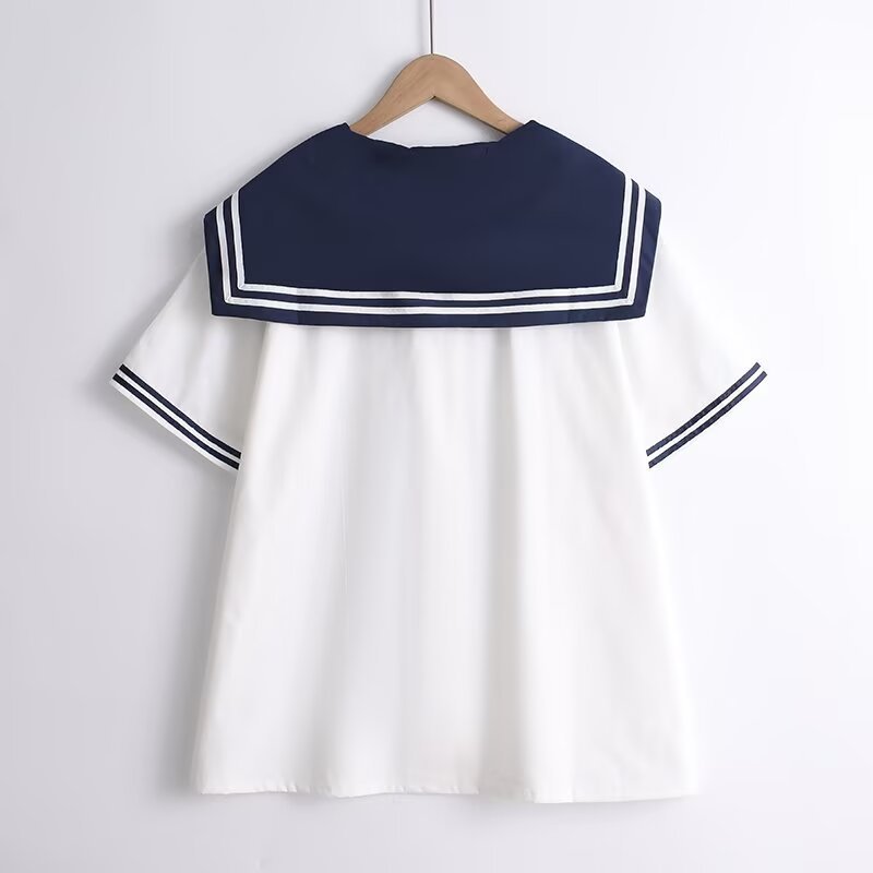 Áo sơ mi nữ Cotton Hàn Quốc, Dây buộc hải quân, Tay ngắn dáng rộng cho học sinh