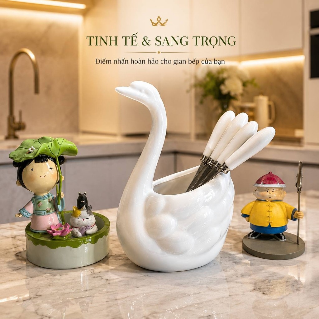 Bộ 6 Nĩa Trái Cây Thiên Nga Cao Cấp – Set Nĩa Inox Tay Cầm Sứ Sang Trọng Kèm Hộp Đựng Decor Bàn Ăn