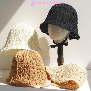 Mũ chống nắng OIWLSAX321, Mũ xô nữ thiết kế có thể gập lại màu trơn, phong cách Nhật Bản Họa tiết rỗng Dây chống gió mỏng đi biển Mũ Panama mùa hè Sử dụng cho nữ