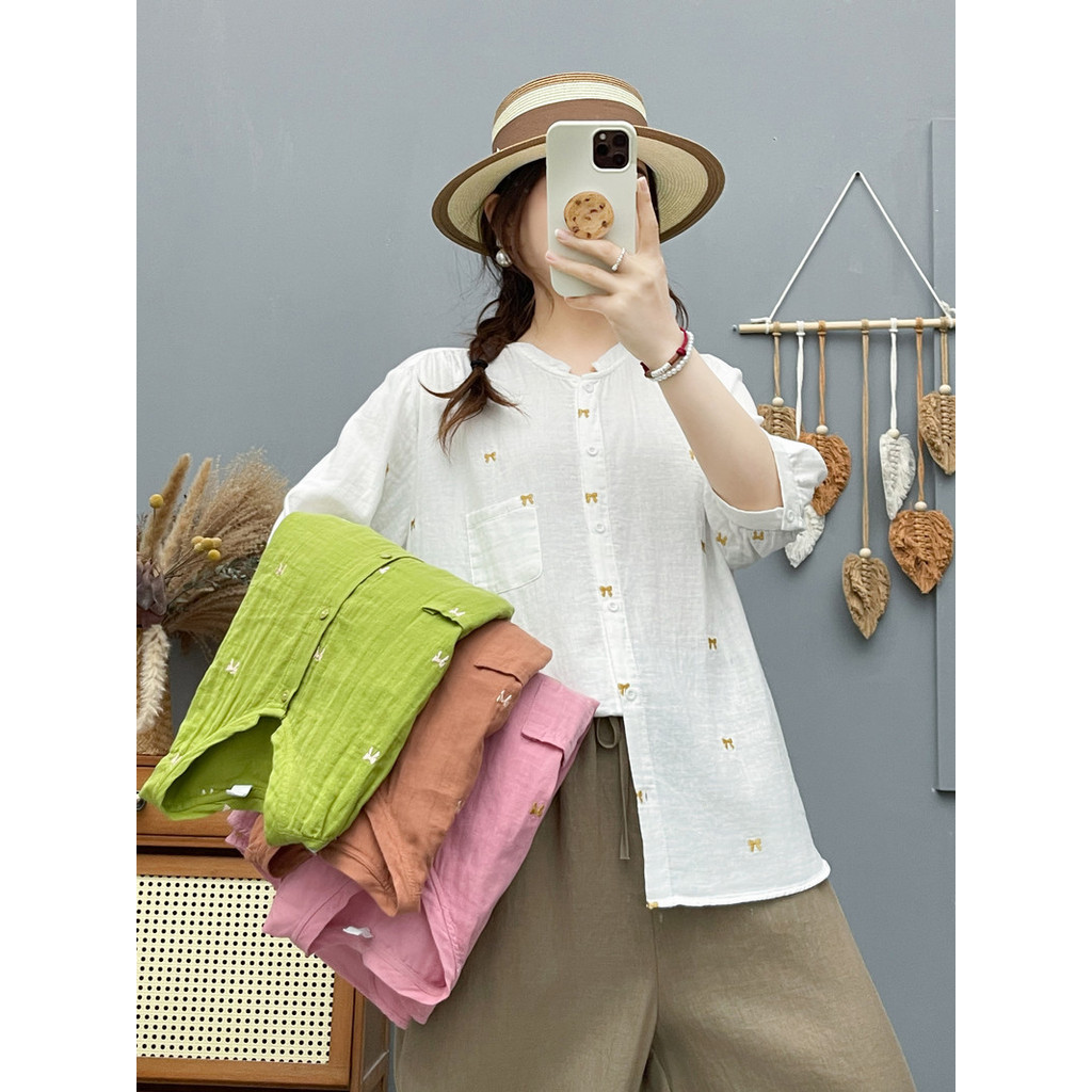 Áo sơ mi nữ cotton cao cấp hoạt hình Hàn Quốc thêu nơ dáng rộng cổ đứng ngắn tay