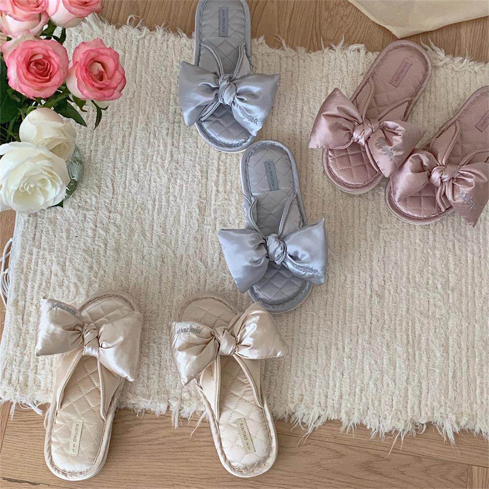 XIXITIAO Dép Vải Lanh Cotton Nhà Nữ Phong Cách Mới Thoải Mái Bốn Mùa Nơ Lụa