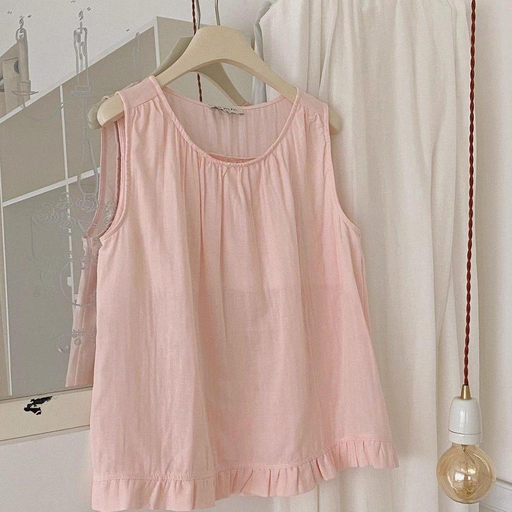 [Hàng mới về] Bộ đồ ngủ sợi hai lớp Cotton phiên bản Hàn Quốc dành cho nữ mùa hè Áo Vest dễ thương có thể mặc bên ngoài Đồ mặc nhà rộng rãi