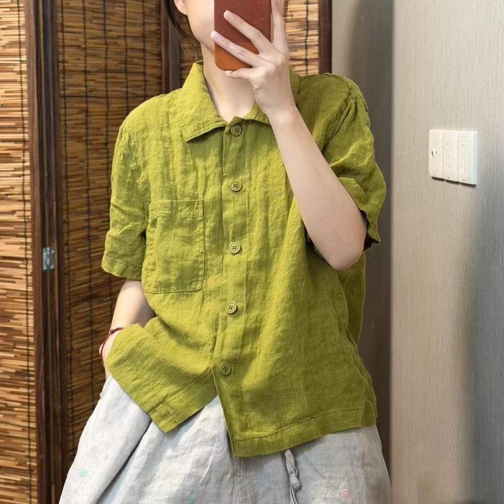 [Thời gian có hạn Seckill] Áo sơ mi cổ điển nữ mùa hè Phong cách mới Màu trơn tay ngắn văn học giản dị dáng rộng phù hợp cho nữ