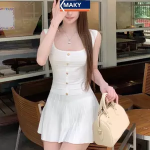 Đầm nữ dệt kim Hàn Quốc, kiểu chữ A không tay, retro và thanh lịch