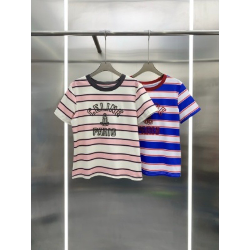 Áo thun Cotton sọc cổ tròn ngắn tay mới dành cho nữ