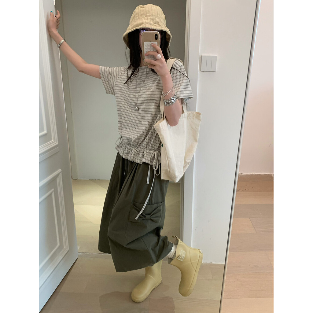 SUXI Áo thun phong cách Hàn Quốc sọc nhẹ nhàng dành cho nữ với dây rút - 260424