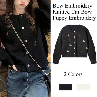 Áo khoác cardigan dệt kim thêu nơ hình cún con, kiểu dáng thời trang nhẹ nhàng, ngắn tay, đa năng dành cho nữ.