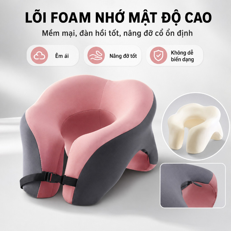 Gối chữ U memory foam cao cấp, hỗ trợ cổ chống đau mỏi, dùng làm gối ngủ trưa văn phòng & du lịch, êm ái thoáng khí