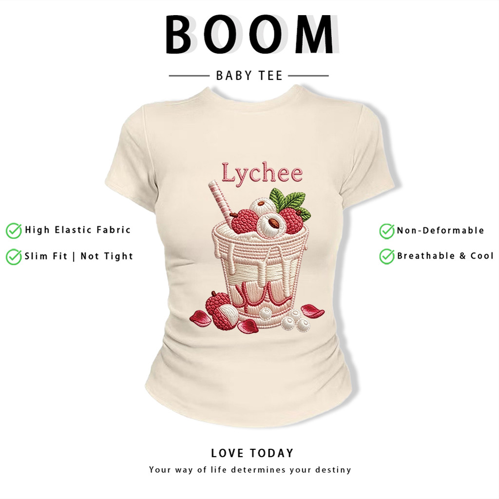 BOOM Áo Baby Tee Nữ Cotton Ôm Body-Áo Thun Ngắn Tay Y2K In Hình PhongCách Mùa Hè, Cổ Tròn Hàng Đầucách hàn quốc phongK08
