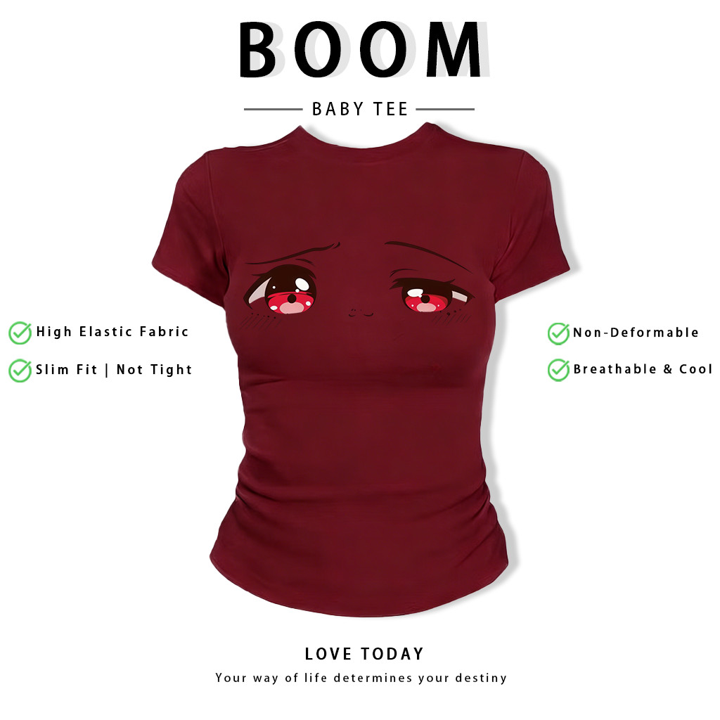 BOOM Áo Baby Tee Nữ Cotton Ôm Body-Áo Thun Ngắn Tay Y2K In Hình PhongCách Mùa Hè, Cổ Tròn Hàng Đầucách hàn quốc phongK12