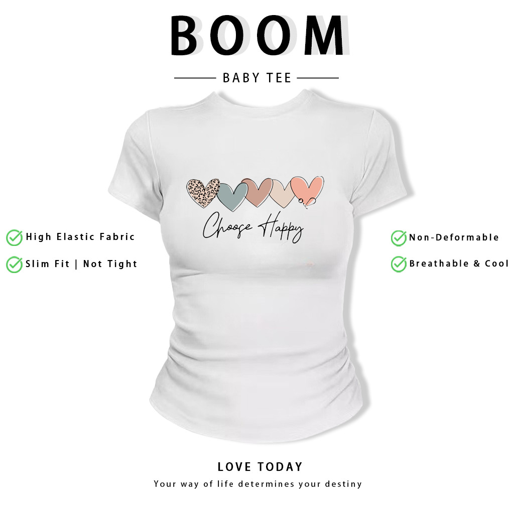 BOOM Áo Baby Tee Nữ Cotton Ôm Body-Áo Thun Ngắn Tay Y2K In Hình PhongCách Mùa Hè, Cổ Tròn Hàng Đầucách hàn quốc phongA63