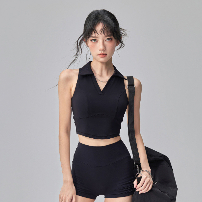 Phong Cách Mới Một Mảnh Áo Vest Thể Thao Có Miếng Lót Ngực Nữ Ve Áo Không Tay Tập Yoga Chạy polo Thể Dục Top Mùa Hè