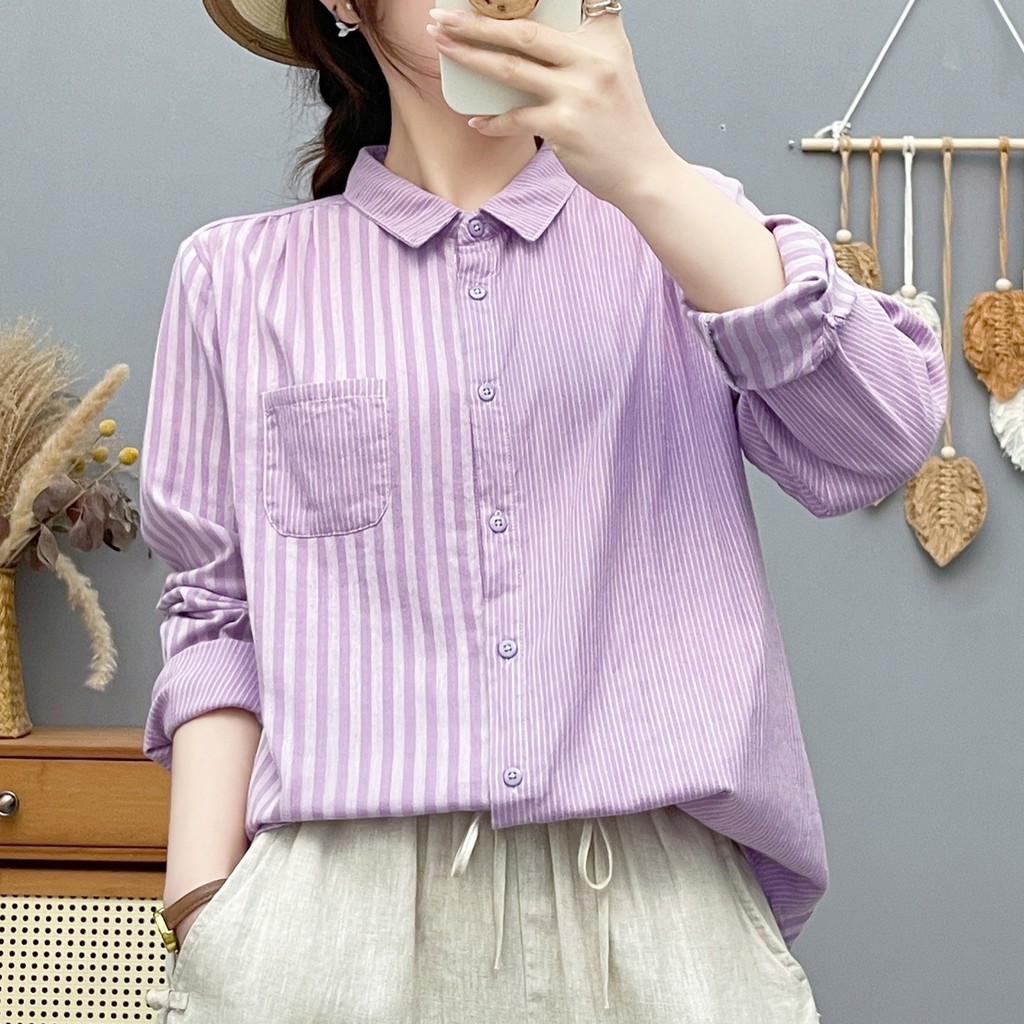 [Sẵn sàng] Áo sơ mi nữ cotton cao cấp, tay dài, phong cách retro, vải cotton nhuộm sợi mềm mại, thân thiện với da