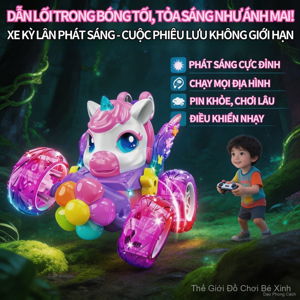 Xe điều khiển từ xa hình kỳ lân, xoay lật 360° đèn cầu vồng, cho bé 3-8 tuổi chơi trong nhà/vườn