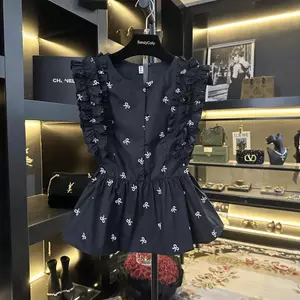 Áo sơ mi nữ tay bay in nơ mùa hè phong cách mới Slim-fit Áo eo hẹp