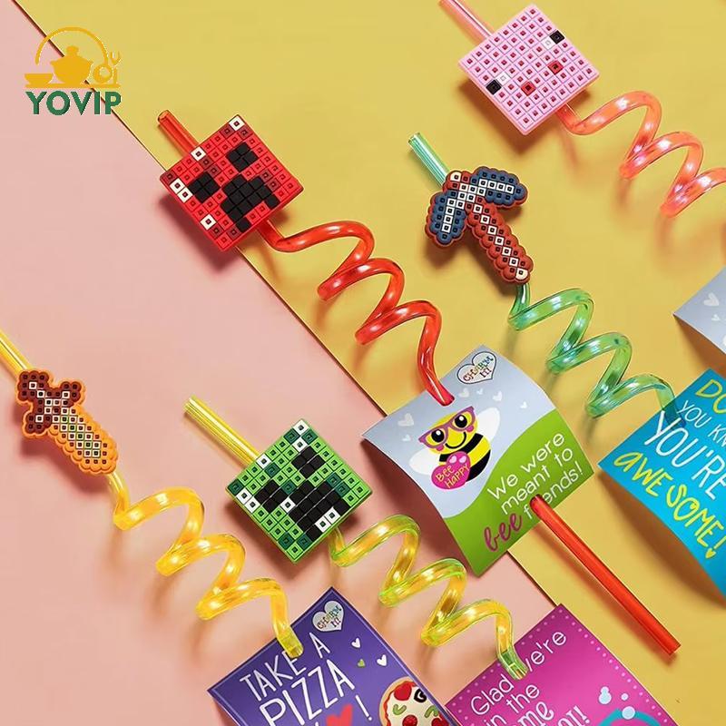 YOVIP 5 Chiếc Pixel Ống Hút Có Thể Tái Sử Dụng Mỏ Nhựa Xoắn Ốc Ống Hút Uống Trẻ Em Sinh Nhật Ủng Hộ Trang Trí Ống Hút Nước Trái Cây VN