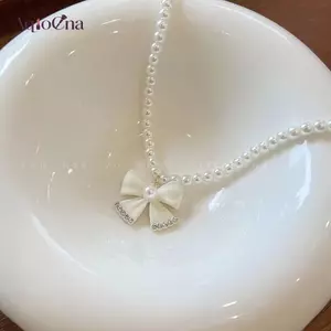 AqToCna Ngọc Trai Hạt Nơ Mặt Dây Chuyền Nelace Cho Nữ Thời Trang Nơ Choker Nelaces Xương Đòn Dây Chuyền Trang Sức Cưới Quà Tặng AqToCna